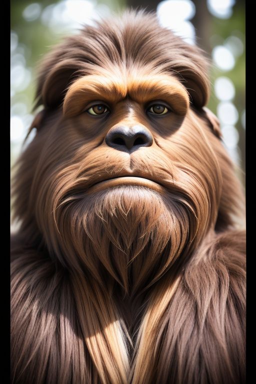 ai portrait of bigfoot, humanoid ape-like creature with long brown fur.