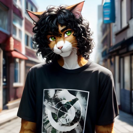 ai portrait of a cat boy with curly black hair and orange and white fur.