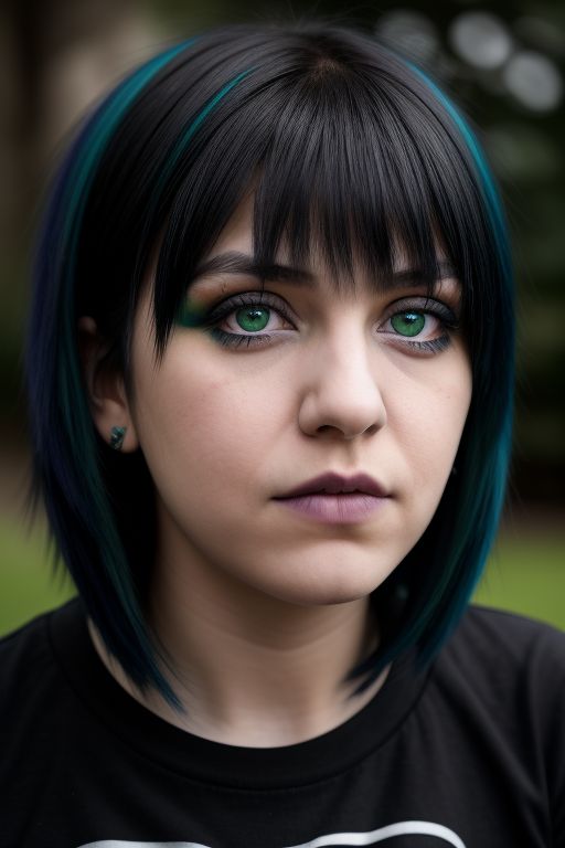ai generated portrait of a goth girl with short black hair and blue streaks.