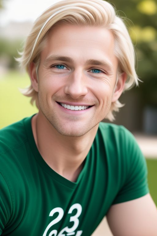 ai portrait of a man with blonde hair and brown eyes smiling.