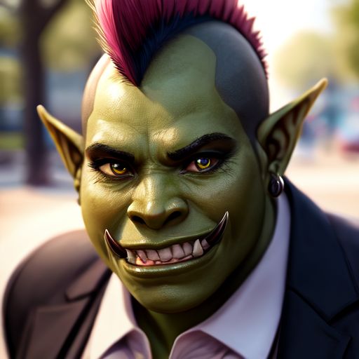 ai generated photo of an orc lady with green skin, pointy ears, and a red mohawk wearing a suit.