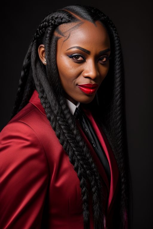 ai portrait of a black vampire woman with long braids, a red suit, and red lipstick.