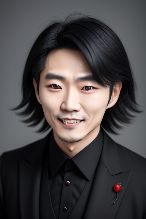ai portrait of a vampire with mid length black hair, and almond shaped eyes smiling.